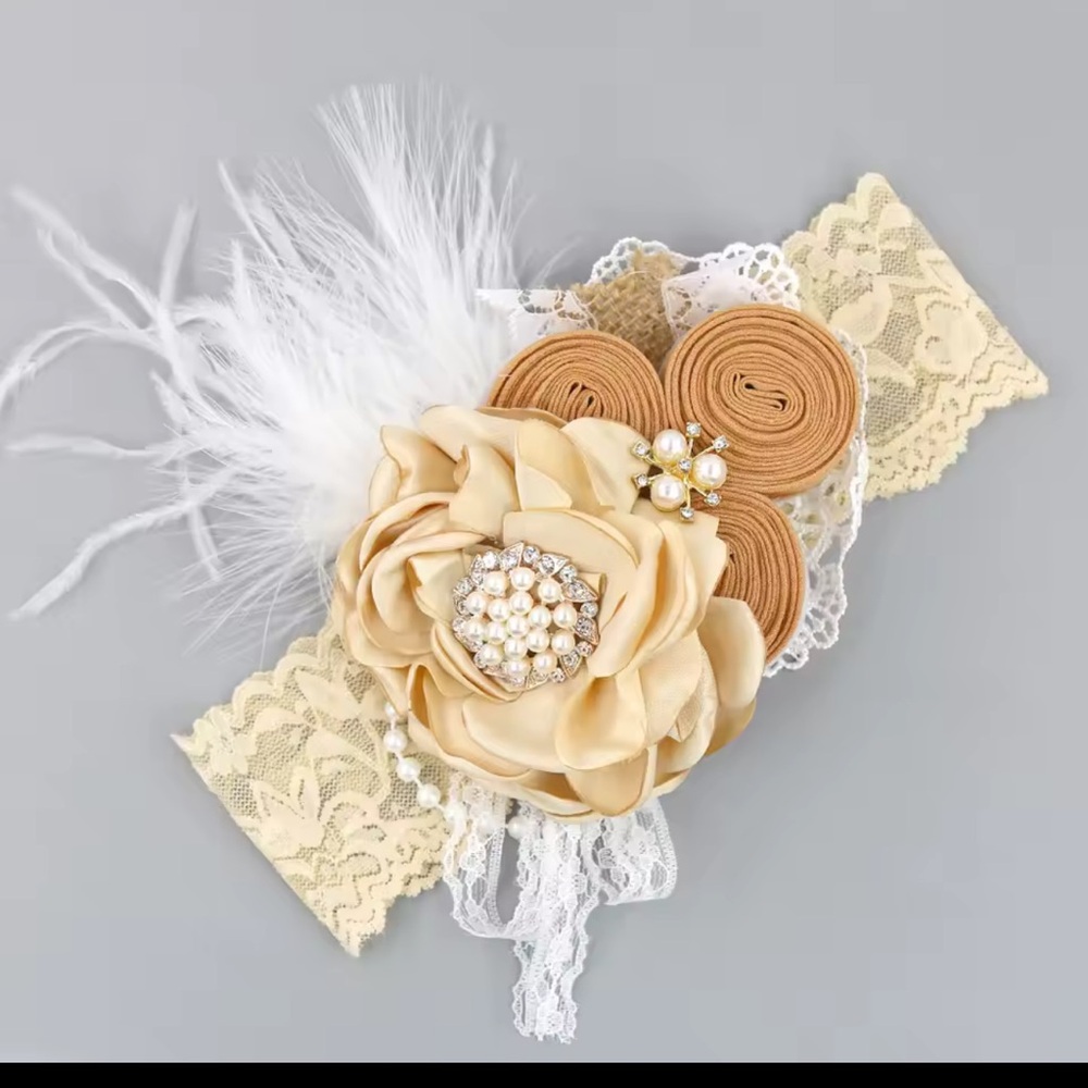 Elegant Cream and Tan Lace Headband Hair Accessory - Baby Blessing Headband